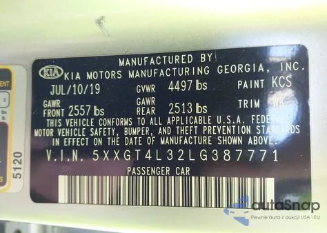 2020 Kia Optima Lx z USA, uszkodzony, nr VIN 5XXGT4L32LG387771